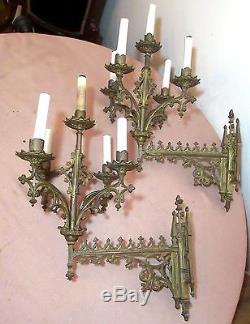 LARGE pair antique 1800's gilt bronze Gothic Church ornate wall sconces brass