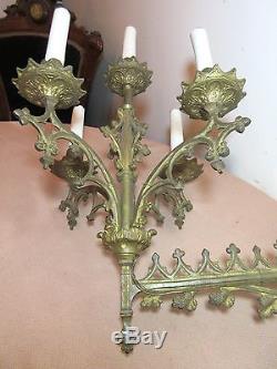 LARGE pair antique 1800's gilt bronze Gothic Church ornate wall sconces brass