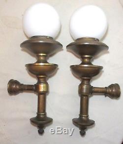 LARGE pair of antique wall mount brass milk glass electric sconce fixtures