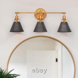 LNC Gold Metal Bell Vanity Light 2.1 ft. 3-Light Wall Sconce with Gray Shades
