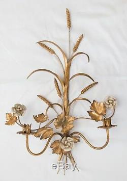 Large 27 Vintage Italian Florentine Tole Gilt Wheat Floral Wall Candle Sconce