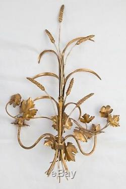 Large 27 Vintage Italian Florentine Tole Gilt Wheat Floral Wall Candle Sconce
