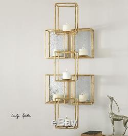 Large 47 Gold Leaf Metal Cubes Accented Aged Mirror Wall Sconce Candle Holder