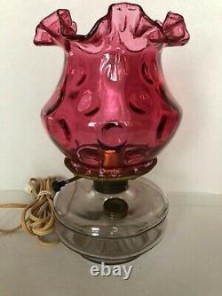 Large Antique Fenton Cranberry Art Glass Oil Lamp In Cast Iron Gold Wall Sconce