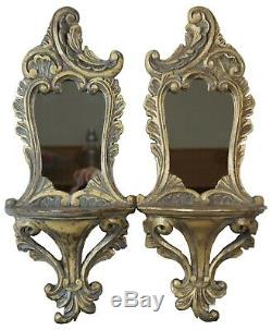 Large Pair 21'' Ornate Antiqued Gold Wall Sconces Shelf & Mirror Display Baroque
