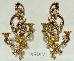 Large Pair Antique/Vtg Gold Syroco Flower Candle Holder Hanging Wall Sconce 5393