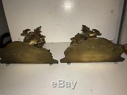Large Pair Florentine Rococo Style Carved Wood Gold Gilt Wall Shelves Sconces