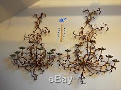 Large Pair Hollywood Regency Italian Style Tole Iron Wall Candleabra Sconces 4