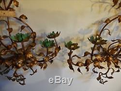 Large Pair Hollywood Regency Italian Style Tole Iron Wall Candleabra Sconces 4