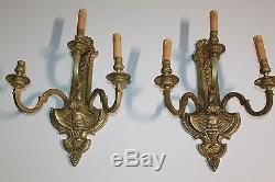Large Pair Of Antique French Gilt Bronze Louis XVI Style 3 Light Wall Sconces