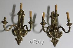 Large Pair Of Antique French Gilt Bronze Louis XVI Style 3 Light Wall Sconces