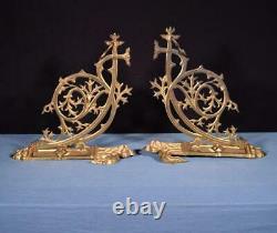 Large Pair of Antique French Gothic Gilt Bronze Wall Brackets/Sconces