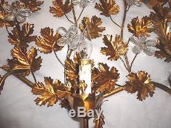 Large Stunning Italian Gold Gilt Tole Wall Sconce Light Fixture/Crystal Floral