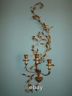 Large Vintage Italian Gilt Metal Tole Wall Sconce Candle Holders 45