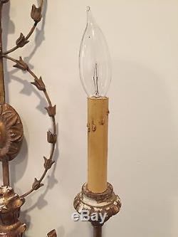 Large Vintage Italian Gold Painted Electric Candle Floral Wall Sconce Candelabra