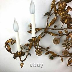 Large Vintage Rococo 7 Light Wall Sconce Fixture Gold Leaves Flower Cherubs