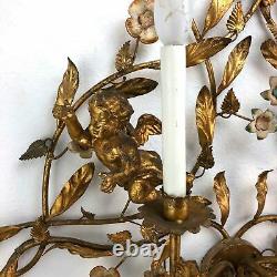 Large Vintage Rococo 7 Light Wall Sconce Fixture Gold Leaves Flower Cherubs