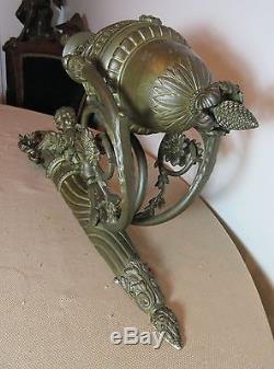 Large antique 1800's gilt bronze Victorian oil lamp electric figural wall sconce