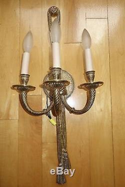 Large brass French Style 3 Arms Wall Sconces c1950 Vintage Gold Ornate Lights