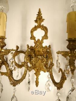 Large brass crystal spanish wall lamps pair sconces 3 lights match chandelier