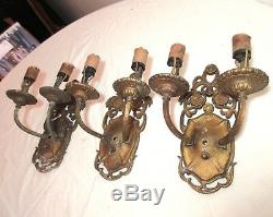 Lot of 3 quality antique ornate gold gilt cast iron electric wall sconce fixture