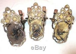 Lot of 3 quality antique ornate gold gilt cast iron electric wall sconce fixture