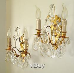 Lovely Pair Crystal Droplet Sconces Wall Lights Bronze French Chateau