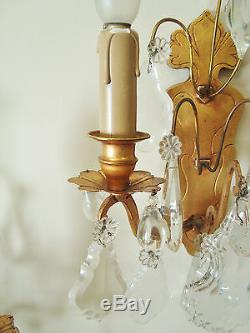 Lovely Pair Crystal Droplet Sconces Wall Lights Bronze French Chateau