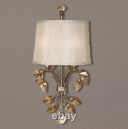 Luxury Champagne & Gold Quality Crystal Wall Sconce w Half Shade Leaves New