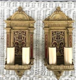 MAGNIFICENT PAIR NEOCLASSICAL ART DECO GOLD RED WALL SCONCES LIGHTS VTG ANTIQUE