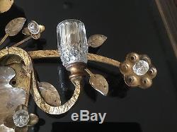 MAISON BAGUES Crystal Urn Wall Sconce 2 Light Vanity Lamp Gilt Iron Flower Leave