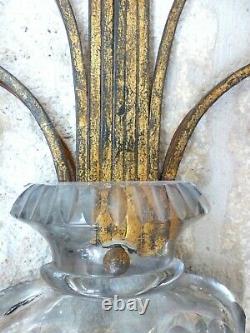 MAISON BAGUES XL Large French Mid-Century Gilt Iron Wall Light Sconce Chandelier