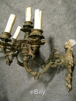MATCHED PAIR of ANTIQUE CAST BRONZE 5-LIGHT CANDLEABRA ELECTRIC WALL SCONCES