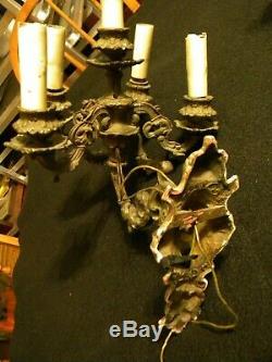 MATCHED PAIR of ANTIQUE CAST BRONZE 5-LIGHT CANDLEABRA ELECTRIC WALL SCONCES