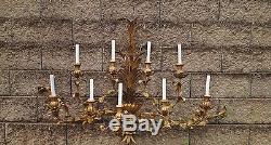 MID Century Italian 9 Arm Iron & Wood Tole Leaf Wall Chandelier Lamp Sconce 56