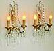 Magnificent Pair French Antique Gilded Brass Double Crystal Wall Sconces 1890