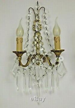 Magnificent Pair French Antique Gilded Brass Double Crystal Wall Sconces 1890