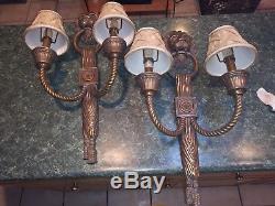 Maitland Smith Brass Neoclassical Wall Sconces Lion Door Knocker Lampshades Incl