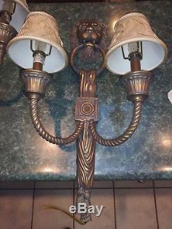 Maitland Smith Brass Neoclassical Wall Sconces Lion Door Knocker Lampshades Incl
