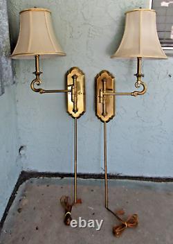 Matched Pair Stiffel Brass Bedside Swing Arm Wall Sconces Lamps with Shades
