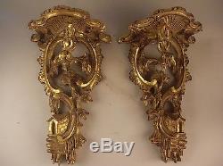 Matched Pr Chinese Chinoiserie Chippendale Wall Bracket Sconce Shelves Gold Gilt
