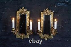 Matching Pair of Antique Brass Wall Mirrors Highly Decorated & Candle Sconces
