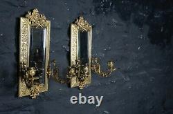Matching Pair of Antique Brass Wall Mirrors Highly Decorated & Candle Sconces