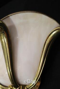 Matching Pair of Vintage Rose Glass with Gold Frame 3 Petal Wall Sconces (a)