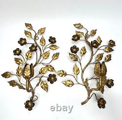 Metal Wall Hanging Candle Holders Sconces (2) Tole Gold Gilt Floral Flower Italy