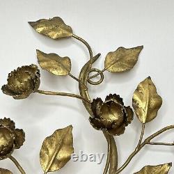 Metal Wall Hanging Candle Holders Sconces (2) Tole Gold Gilt Floral Flower Italy