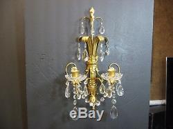 Mid Century 16 Wall Sconce 2 Arm Gilt Tole Leaf & Crystal Prisms/Bobeches Italy