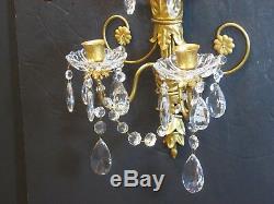 Mid Century 16 Wall Sconce 2 Arm Gilt Tole Leaf & Crystal Prisms/Bobeches Italy