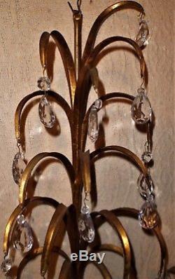 Mid Century Italian Wrought Iron Gold Guild Crystal Prism Five Arm Wall Sconce