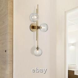 Mid-Century Modern Gold 3-Light Globe Wall Sconce Clear Glass Bedroom Decor Lamp